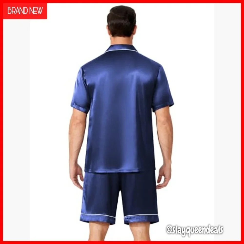 Men's Silk Satin Pajama Set Short Sleeve Button Down with Pockets
